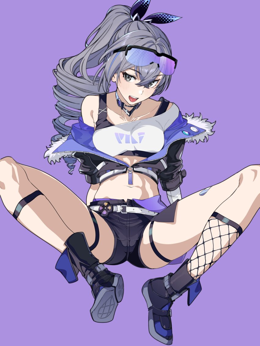 1girl absurdres black_boots black_jacket black_shorts boots breasts cropped_jacket drill_hair drill_ponytail fishnet_socks fishnets fur-trimmed_jacket fur_trim goggles grey_eyes grey_hair hair_between_eyes highres honkai:_star_rail honkai_(series) jacket long_hair looking_at_viewer navel open_mouth purple_background shirt shorts silver_wolf_(honkai:_star_rail) simple_background single-shoulder_shirt single_sock sitting small_breasts smile socks solo spread_legs thigh_strap white_shirt yamamoto_kichiko