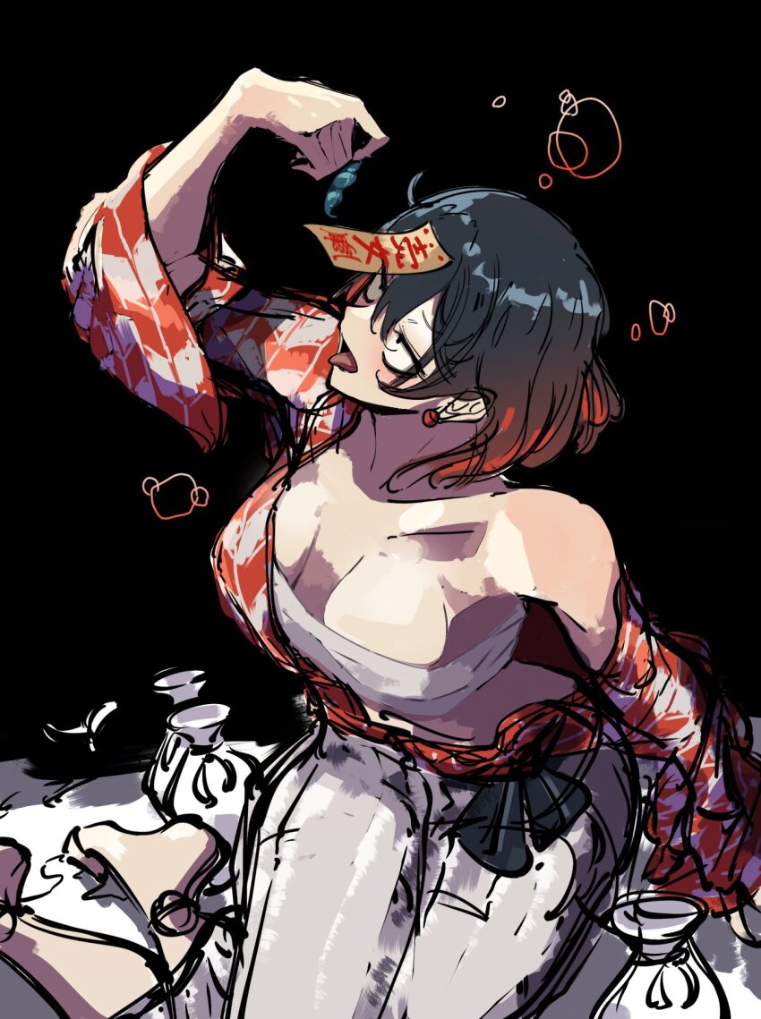 1girl azuki_aisu_ranmaru black_background black_hair breasts commentary_request cookie_(touhou) earrings full_body grey_skirt hair_between_eyes hakama hakama_skirt highres indie_virtual_youtuber japanese_clothes jewelry jiangshi kimono long_bangs long_sleeves medium_breasts odoro_(nicoseiga81184094) off_shoulder ofuda open_mouth orange_kimono sarashi short_hair sitting skirt solo tokkuri tongue tongue_out virtual_youtuber wide_sleeves yagasuri yokozuwari
