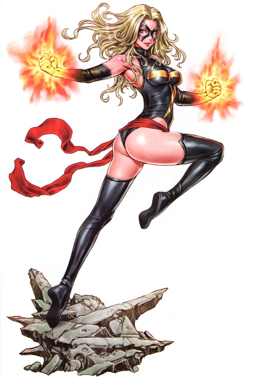 1girl absurdres animification arched_back armpits ass bare_shoulders black_thighhighs blonde_hair blue_eyes boots carol_danvers carol_susan_jane_danvers domino_mask dual_wielding elbow_gloves female_focus fighting_stance fire full_body gloves glowing highleg highleg_leotard highres holding jumping leg_lift leg_up legs leotard lipstick long_hair long_legs looking_at_viewer looking_back makeup marvel mask ms._marvel ms._marvel_(series) ms_marvel outstretched_arms rock sash shiny_clothes simple_background skin_tight solo spread_arms thigh_boots thighhighs thighs turtleneck wavy_hair yamashita_shun&#039;ya