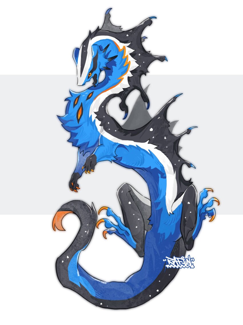 animal_ears back_fin bairizuomeng black_skin blue_skin colored_skin creature creature_focus fins floating full_body head_fins highres long_neck long_tail no_humans orange_eyes original signature simple_background solo tail two-tone_background weasel_ears white_background white_fur