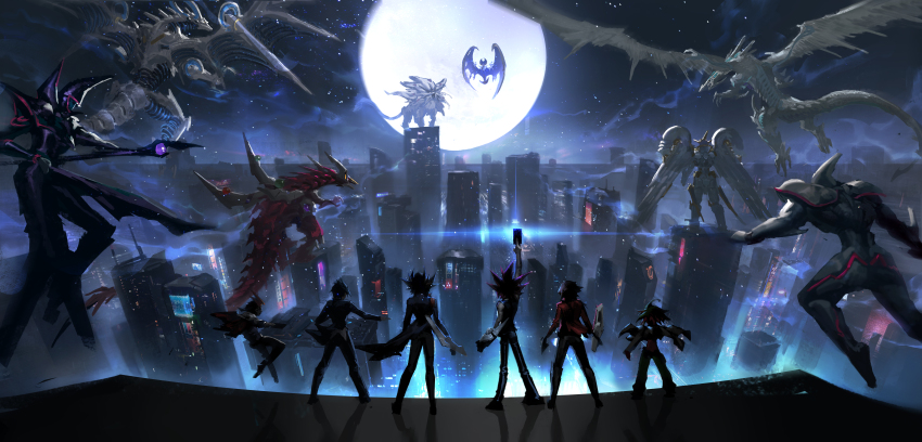 6+boys absurdres arm_up bare_shoulders black_hair brown_hair card chinese_commentary cityscape crossover dark_magician dragon duel_academy_uniform_(yu-gi-oh!_gx) duel_disk duel_monster elemental_hero_neos elemental_hero_shining_flare_wingman firewall_dragon fudo_yusei fujiki_yusaku full_body full_moon gen_7_pokemon highres holding holding_card holding_staff jacket jacket_on_shoulders jumping legendary_pokemon leo-dont-want-to-be-a-painter lunala male_focus mechanical_wings moon multiple_boys nintendo odd-eyes_pendulum_dragon pants pointy_hair pokemon pokemon_(creature) pokemon_sm sakaki_yuya sky solgaleo staff star_(sky) stardust_dragon starry_sky tsukumo_yuma wings yami_yugi yu-gi-oh! yu-gi-oh!_5d&#039;s yu-gi-oh!_arc-v yu-gi-oh!_duel_monsters yu-gi-oh!_gx yu-gi-oh!_vrains yu-gi-oh!_zexal yuki_judai
