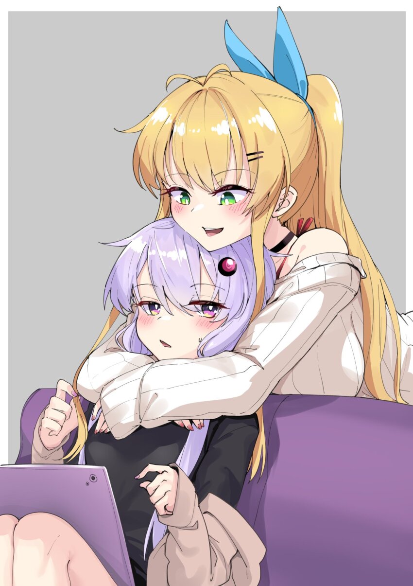 2girls arms_around_neck bare_shoulders blonde_hair blue_bow bow cevio couch green_eyes hair_bow highres hug hug_from_behind knees_up long_sleeves looking_at_another looking_back multiple_girls on_couch open_mouth playing_with_another&#039;s_hair ponytail purple_eyes purple_hair sitting sweatdrop tablet_pc tsurumaki_maki vocaloid voiceroid yuzuki_yukari zooanime