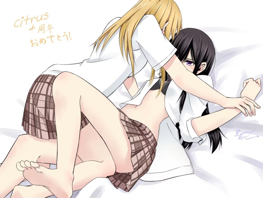 2girls aihara_academy_school_uniform aihara_mei aihara_yuzu black_hair blonde_hair blush breasts citrus_(saburouta) citrussaigao couple highres long_hair multiple_girls partially_undressed purple_eyes school_uniform shirt siblings sisters skirt step-siblings yuri