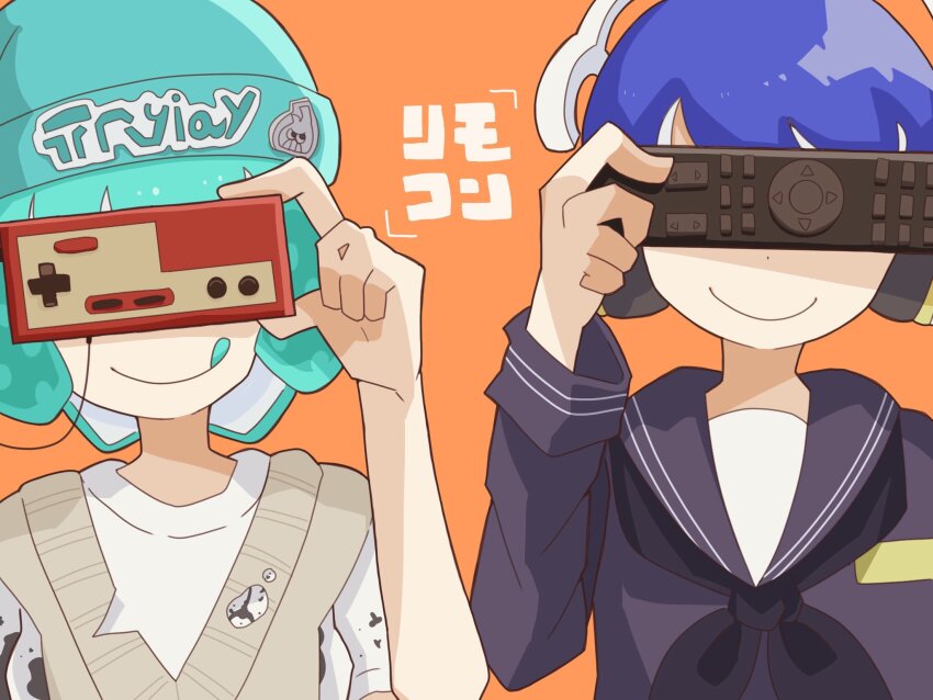 1boy 1girl :q aqua_hair aqua_headwear beanie closed_mouth commentary_request controller covered_eyes famicom_gamepad hat headphones highres holding holding_controller holding_remote_control inkling inkling_boy inkling_girl inkling_player_character nintendo orange_background print_headwear remote_control sailor_collar sailor_shirt shirt short_hair simple_background smile splatoon_(series) splatoon_3 tentacle_hair tonbofree tongue tongue_out white_shirt