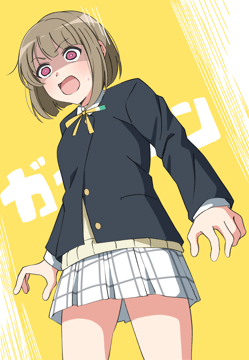1girl absurdres black_jacket bob_cut brown_hair collared_shirt commentary cowboy_shot dress_shirt highres inverted_bob jacket long_sleeves love_live! love_live!_nijigasaki_high_school_idol_club miniskirt nakasu_kasumi neck_ribbon nijigasaki_school_uniform open_mouth pink_eyes plaid_clothes plaid_skirt pleated_skirt ribbon school_uniform shirt short_hair sidelocks skirt solo standing surprised sweatdrop translation_request uchuu_no_mozuku v-shaped_eyebrows white_shirt white_skirt winter_uniform yellow_background yellow_ribbon