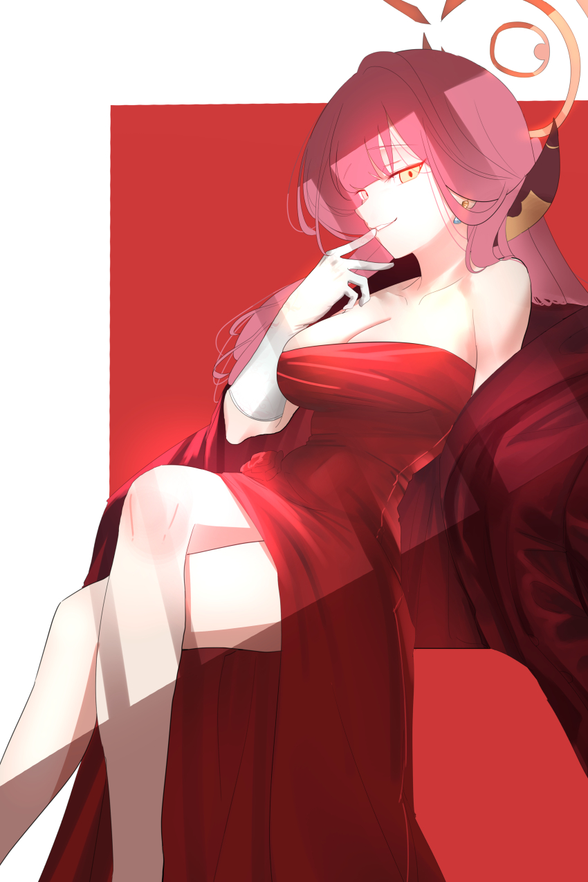 1girl absurdres aru_(blue_archive) aru_(dress)_(blue_archive) blue_archive breasts brown_horns cleavage crossed_legs demon_horns dress feet_out_of_frame haoma highres horns large_breasts long_hair official_alternate_costume pink_hair red_dress solo yellow_eyes