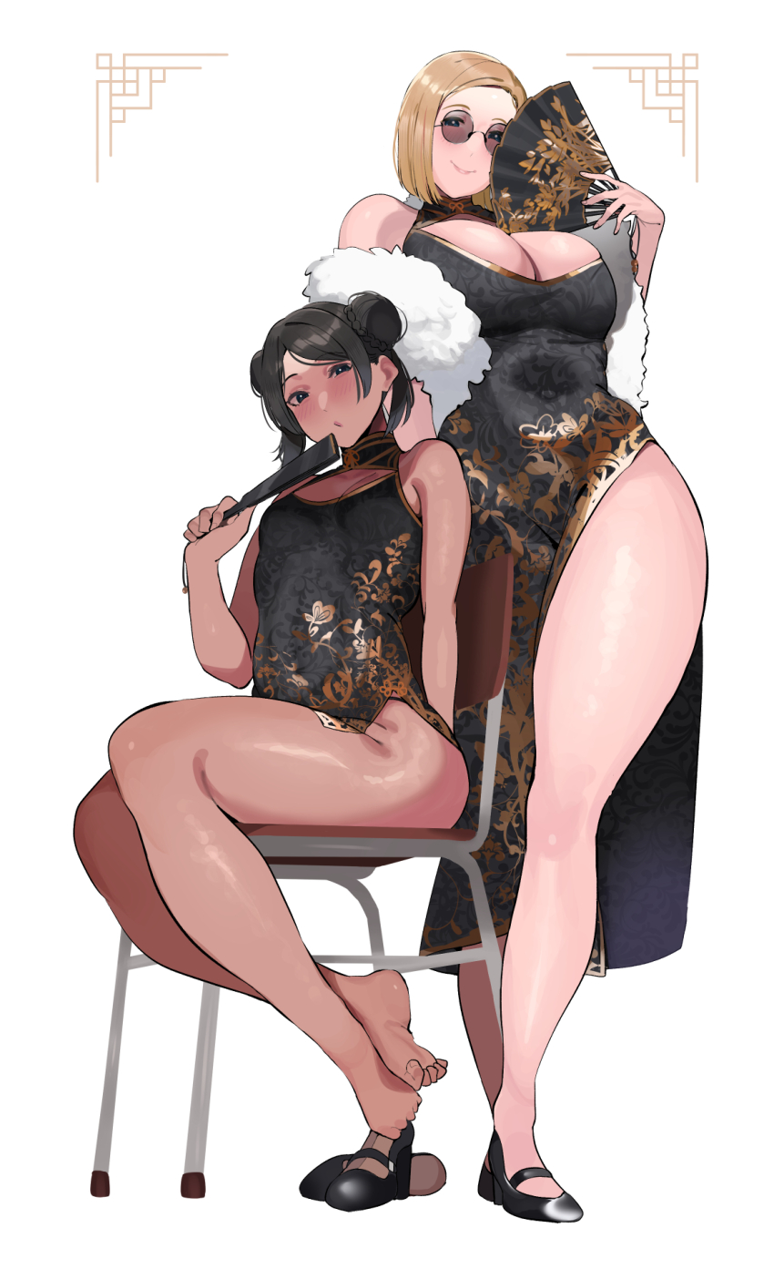 2girls bare_legs barefoot black_dress black_footwear blonde_girl_(okpriko) blonde_hair blue_eyes breasts china_dress chinese_clothes cleavage commentary double_bun dress feather_boa hair_bun hand_fan highres holding holding_fan large_breasts looking_at_viewer multiple_girls okpriko on_chair original shoes short_hair side_slit sitting sleeveless sleeveless_dress small_breasts standing symbol-only_commentary thai_girl_(okpriko) thighs toe_scrunch unworn_shoes white_background