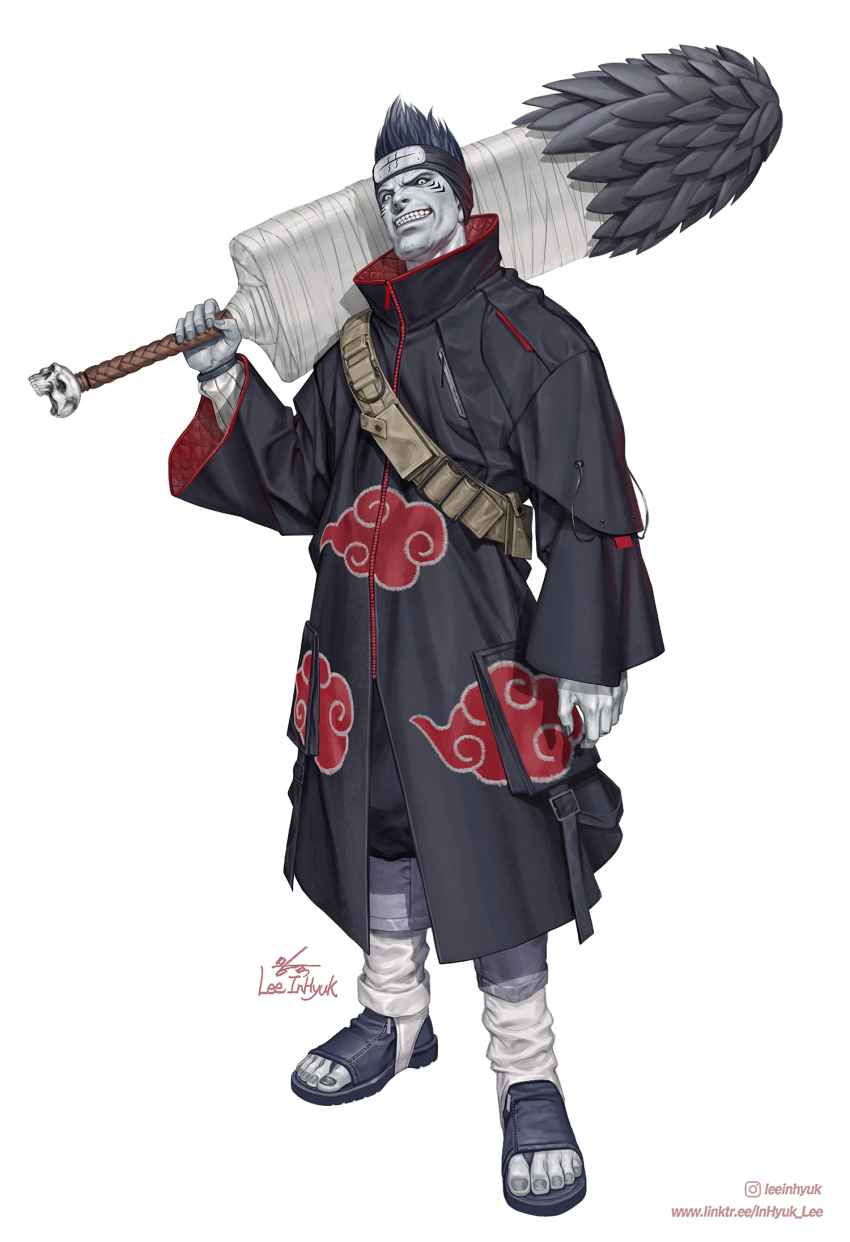 1boy akatsuki_uniform black_robe cloud_print colored_skin forehead_protector full_body grey_skin grin highres hoshigaki_kisame in-hyuk_lee kirigakure_symbol male_focus naruto_(series) robe samehada_(naruto) sandals shark_boy sharp_teeth simple_background smile standing teeth white_background zipper