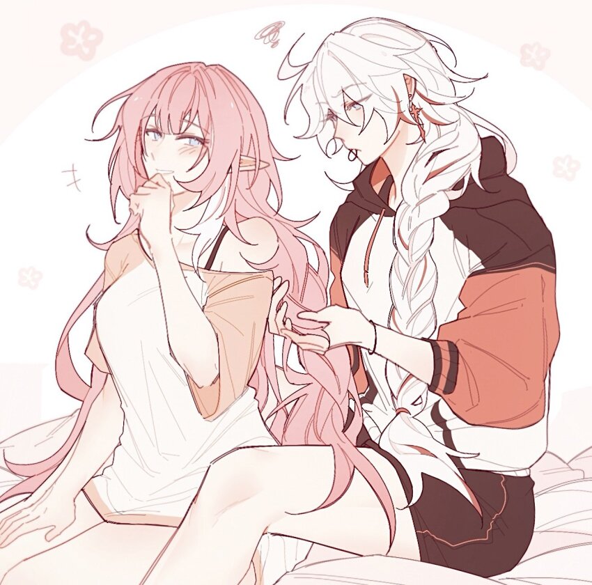 2girls black_shorts blue_eyes blush braiding_another&#039;s_hair braiding_hair breasts commentary earrings elf elysia_(honkai_impact) hair_tie_in_mouth hairdressing highres honkai_(series) honkai_impact_3rd jewelry kiana_kaslana kiana_kaslana_(herrscher_of_flamescion) kiana_kaslana_(void_drifter) long_hair medium_breasts mouth_hold multicolored_hair multicolored_hood multiple_girls orange_hair pink_hair pointy_ears riejiu self_cosplay shorts sitting streaked_hair symbol-only_commentary thighs two-tone_hair two-tone_shirt very_long_hair white_hair