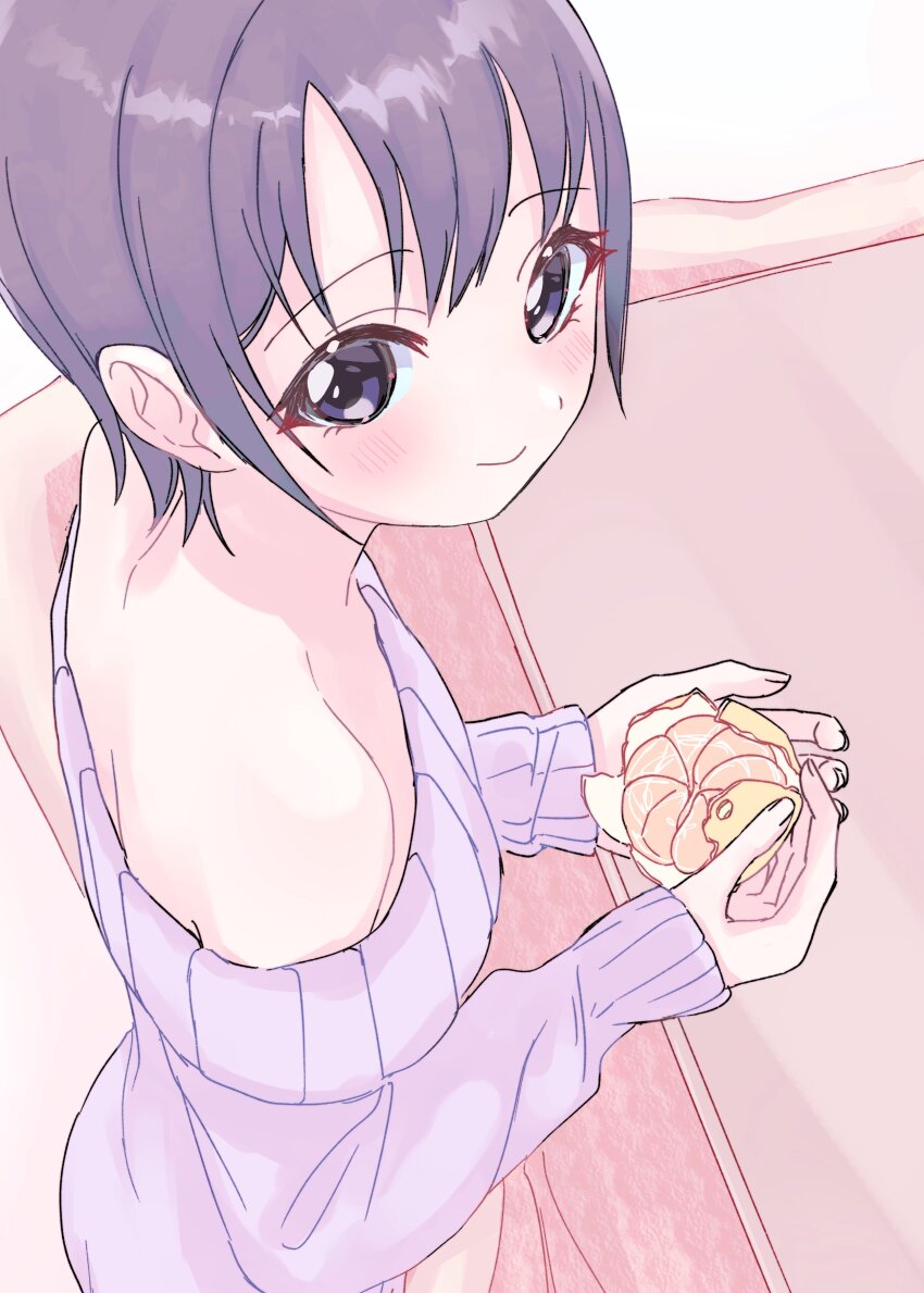 1girl absurdres bare_shoulders blush flat_chest food from_above fruit grey_eyes grey_hair highres idolmaster idolmaster_cinderella_girls kanipoposu kotatsu looking_at_viewer mandarin_orange off-shoulder_sweater off_shoulder otokura_yuuki short_hair smile solo sweater table