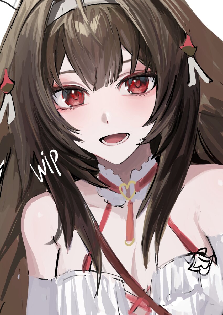 1girl bare_shoulders breasts brown_hair cleavage detached_collar detached_sleeves droopy_ears hairband hashtag-only_commentary highres long_hair looking_at_viewer medium_breasts nongxy_nonshi official_alternate_costume open_mouth portrait red_eyes shirt simple_background solo unfinished white_background white_hairband white_shirt ye_shunguang zenless_zone_zero