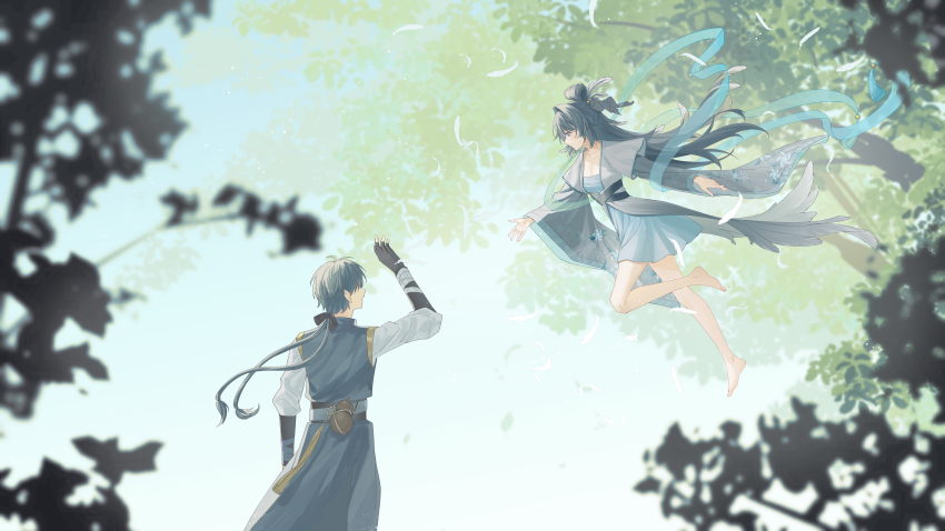 1boy 1girl absurdres alternate_costume bare_legs barefoot black_eyes black_gloves black_hair bow breasts chinese_clothes chinese_commentary cleavage closed_mouth clothing_request commentary_request feather_hair feet fingerless_gloves from_side gloves gourd hair_bow hand_up highres kohane_kun legs long_hair looking_at_another low_ponytail male_rover_(wuthering_waves) multicolored_hair ponytail reaching reaching_towards_another rover_(wuthering_waves) small_breasts smile streaked_hair toes wide_shot wuthering_waves yangyang_(wuthering_waves)