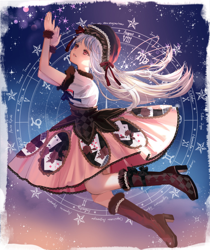 1girl :d beret blurry bokeh boots border calendar_(object) cancer_(symbol) capricorn_(symbol) depth_of_field evening floating_hair frilled_skirt frills from_side fur-trimmed_shirt fur_trim gemini_(symbol) hands_up hat high_heel_boots high_heels highres knee_boots komorihikki long_bangs long_hair looking_up night night_sky open_mouth original outdoors pink_skirt playing_card_print pleated_skirt red_boots red_eyes red_hat sagittarius_(symbol) scorpio_(symbol) shirt short_sleeves sidelocks skirt sky smile solo straight_hair virgo_(symbol) white_border white_hair white_shirt wrist_cuffs