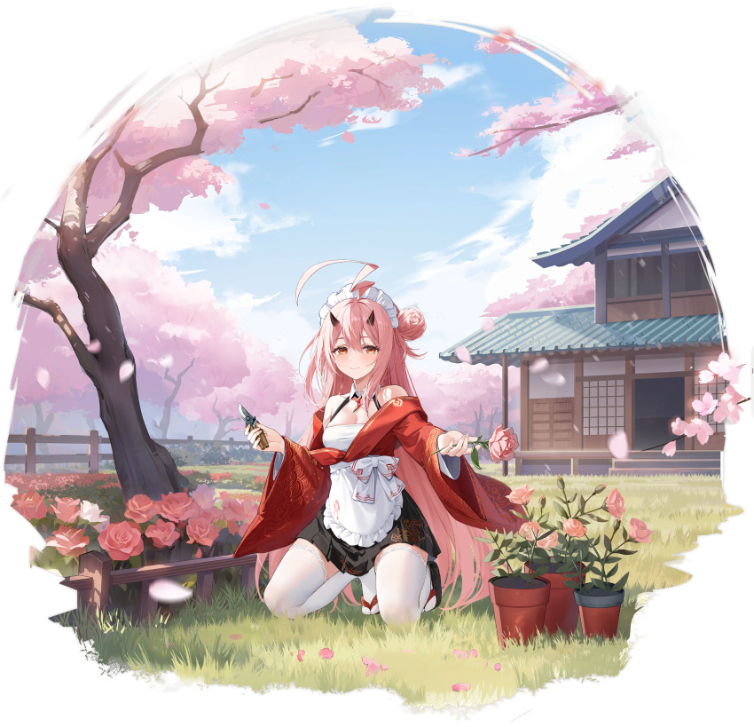 1girl apron azur_lane bare_shoulders blue_sky breasts cherry_blossoms closed_mouth cloud cloudy_sky flower flower_pot full_body grass hair_bun highres holding holding_flower horns ikazuchi_(azur_lane) ikazuchi_(courtyard_maid_ikazuchi)_(azur_lane) japanese_clothes kneeling long_hair looking_at_viewer maid maid_headdress off_shoulder official_art ootsuki_momiji petals pink_hair gardening_shears red_eyes rose sandals sky small_breasts smile thighhighs tree waist_apron wide_sleeves zettai_ryouiki