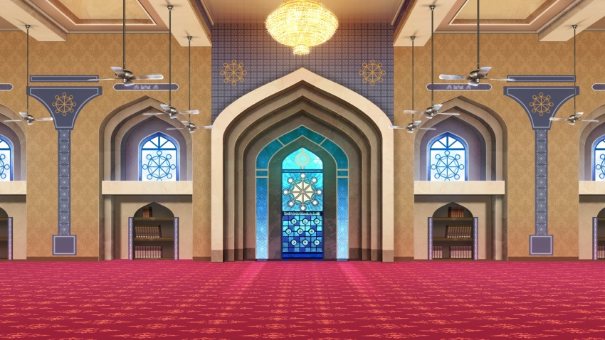 book bookshelf carpet ceiling_fan ceiling_light chandelier highres indoors mosque no_humans non-web_source official_art our_life:_beginnings_and_always scenery stained_glass sunlight wheel_of_dharma