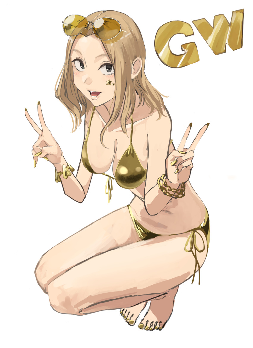 1girl absurdres bikini black_eyes blonde_hair boku_no_hero_academia bracelet breasts commentary_request double_v eyewear_on_head front-tie_bikini_top front-tie_top gold_bikini gold_bracelet gold_nails highres jewelry kurokami_kinniku_matsuri large_breasts long_hair nail_polish open_mouth side-tie_bikini_bottom simple_background solo squatting swimsuit teeth toenail_polish toenails utsushimi_kemii v white_background
