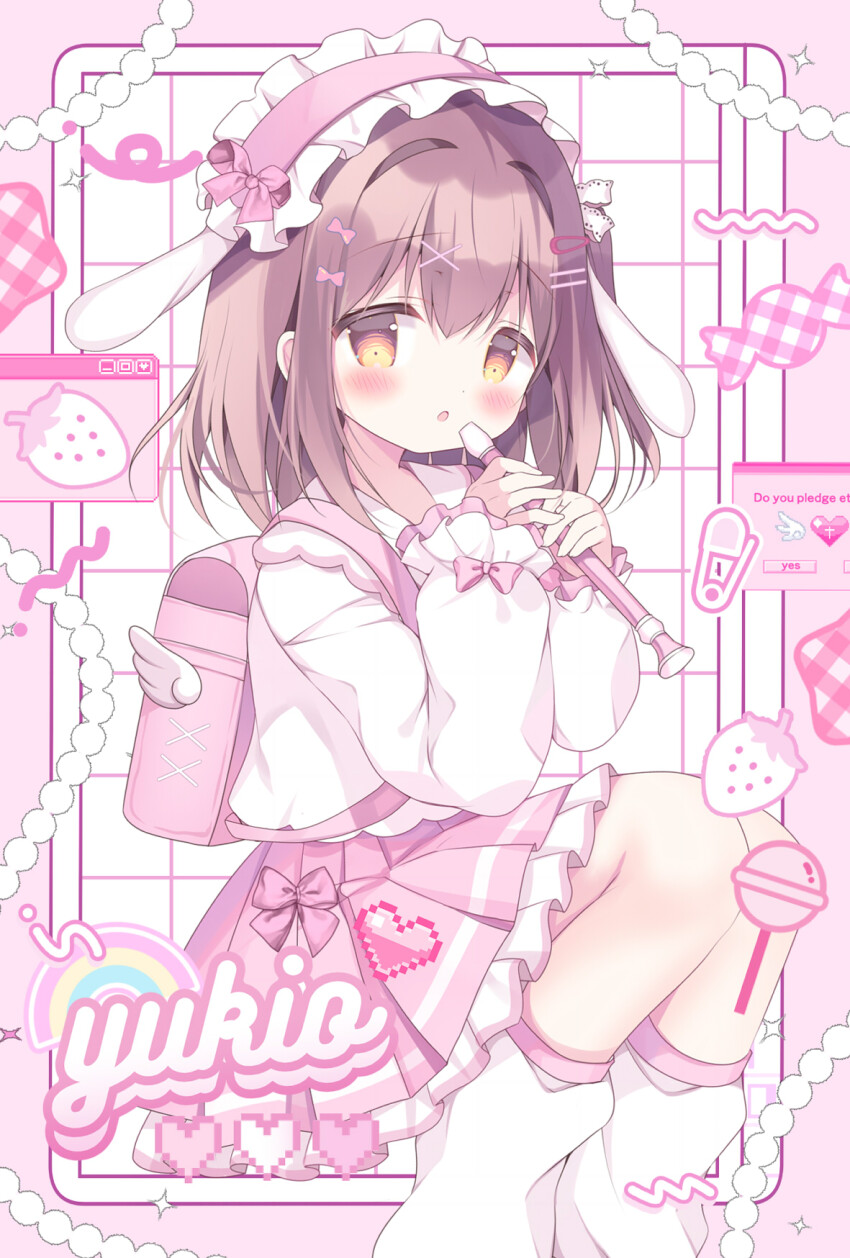 1girl :o animal_ears azumi_kazuki backpack bag blush border brown_eyes brown_hair commentary_request english_text fake_animal_ears floppy_ears flute frilled_hairband frilled_skirt frills grid_background hair_between_eyes hair_intakes hair_ornament hairband hairclip highres holding holding_instrument instrument long_hair long_sleeves looking_at_viewer loose_socks original parted_lips pink_border pink_hairband pink_skirt pleated_skirt puffy_long_sleeves puffy_sleeves rabbit_ears randoseru recorder sailor_collar shirt skirt socks solo white_background white_sailor_collar white_shirt white_socks window_(computing) x_hair_ornament