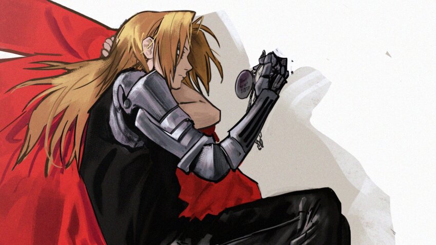 1boy arm_behind_head ban_(bango) black_pants black_tank_top blonde_hair coat edward_elric feet_out_of_frame fullmetal_alchemist hand_in_own_hair highres holding holding_pocket_watch long_hair male_focus mechanical_arms pants parted_bangs pocket_watch red_coat single_mechanical_arm solo tank_top watch white_background