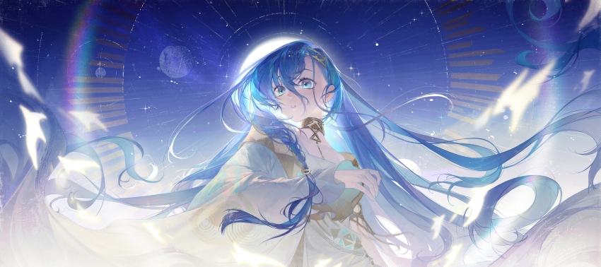1girl 37_(reverse:1999) absurdres armlet asymmetrical_sleeves blue_eyes blue_hair braid collarbone constellation_request dress floating_hair gold_choker gold_hairband hairband hand_up highres jewelry long_hair looking_at_viewer nery open_mouth print_dress reverse:1999 single_sleeve solo star_chart upper_body white_dress