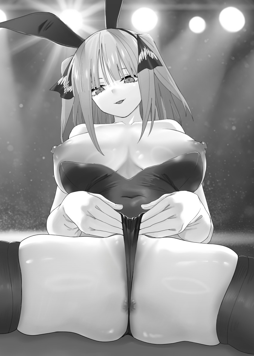 1girl animal_ears anus anus_peek ass breasts breasts_out butterfly_hair_ornament collarbone covered_navel fake_animal_ears go-toubun_no_hanayome greyscale hair_ornament hair_ribbon highres kosmos_beta large_breasts leotard medium_hair monochrome nakano_nino nipples playboy_bunny pussy rabbit_ears ribbon spread_legs thick_thighs thighhighs thighs thong_leotard two_side_up