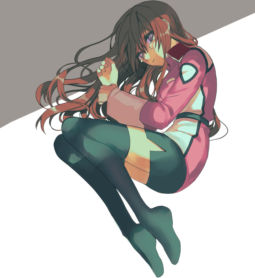 1girl black_skirt black_thighhighs brown_hair closed_mouth commentary_request crying crying_with_eyes_open from_above genderswap genderswap_(mtf) gundam gundam_seed hand_on_own_wrist highres jacket kira_yamato long_hair long_sleeves looking_at_viewer lying military_uniform no_shoes on_side pink_jacket purple_eyes seed0x0 simple_background skirt solo tears thighhighs two-tone_background zettai_ryouiki