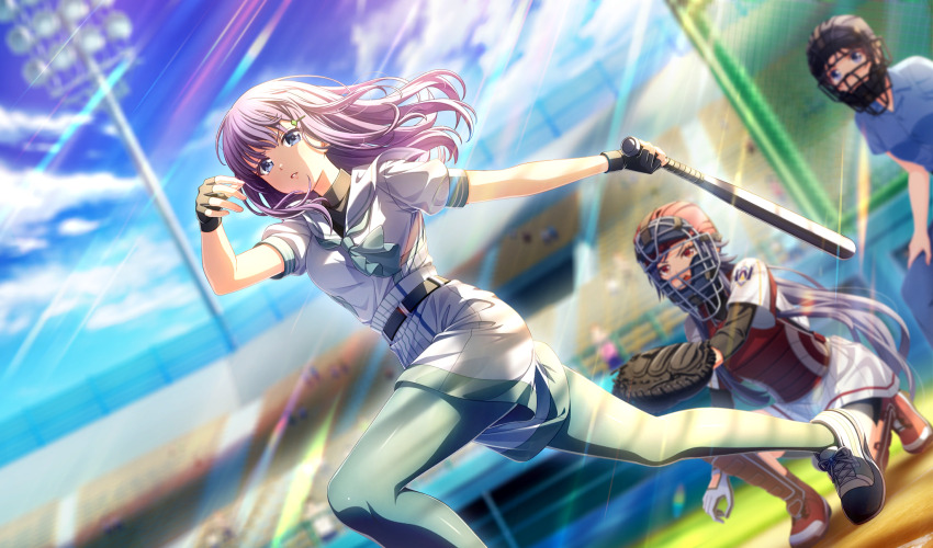 3girls baseball baseball_bat baseball_glove baseball_stadium baseball_uniform belt black_belt black_gloves blue_eyes blue_hair blue_shirt blurry catcher&#039;s_mask catcher_(baseball) chest_protector cinderella_series depth_of_field dutch_angle fingerless_gloves game_cg gloves green_neckerchief green_pantyhose hachigatsu_no_cinderella_nine hair_ornament hairclip highres holding holding_baseball_bat inui_kei_(hachigatsu_no_cinderella_nine) kashino_asa layered_sleeves long_hair long_sleeves metal_baseball_bat multiple_girls neckerchief non-web_source official_art open_mouth outdoors pantyhose parted_lips playing_sports purple_hair red_eyes shin_guards shirt short_over_long_sleeves short_sleeves shorts sportswear standing two-tone_shirt two-tone_shorts umpire v-shaped_eyebrows white_gloves