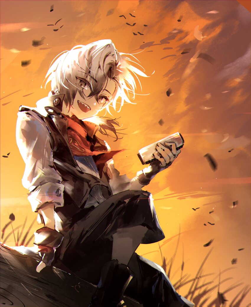 1boy absurdres aged_down amalgam4242 bandana bird black_hair boothill_(honkai:_star_rail) cloud dusk fingerless_gloves gloves grass grey_eyes harmonica highres holding honkai:_star_rail honkai_(series) instrument looking_at_viewer male_focus multicolored_hair open_mouth orange_sky outdoors red_bandana sharp_teeth shirt sitting sky sleeves_rolled_up smile solo sunset teeth vest white_hair white_shirt