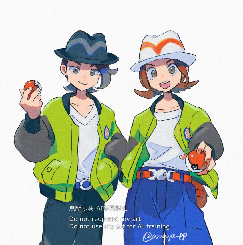 1boy 1girl :d amaya_uw belt black_hair black_hat blue_belt blue_pants brown_eyes brown_hair closed_mouth collarbone green_jacket happy harmony_(pokemon) hat highres holding holding_poke_ball jacket looking_at_viewer nintendo open_clothes open_jacket open_mouth pants paxton_(pokemon) poke_ball poke_ball_(basic) pokemon pokemon_legends:_z-a shirt smile teeth tongue twintails twitter_username upper_teeth_only watermark white_hat white_shirt