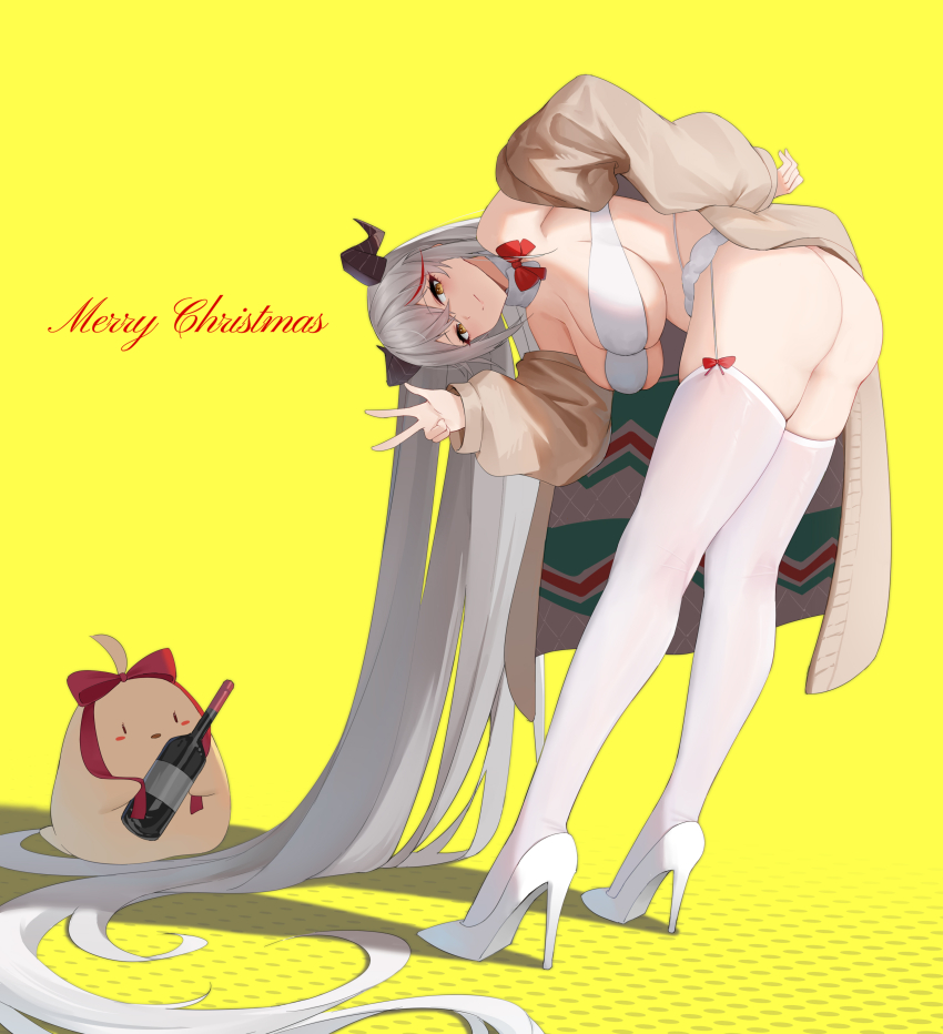 1girl absurdres aegir_(azur_lane) alternate_costume asa azur_lane bent_over bikini bismarck_(azur_lane) bismarck_(unpacked_surprise)_(azur_lane) bow bowtie breasts brown_jacket commentary_request detached_collar from_behind full_body garter_straps hair_spread_out high_heels highres horns jacket kafeifeifeifeifeifei_jiemo_jun kneepits large_breasts long_hair long_sleeves looking_at_viewer looking_back manjuu_(azur_lane) merry_christmas multicolored_hair open_clothes open_jacket red_bow red_bowtie red_hair simple_background skindentation smile solo streaked_hair swimsuit thighhighs two-sided_fabric two-sided_jacket two-tone_hair very_long_hair w white_bikini white_footwear white_hair white_thighhighs yellow_background yellow_eyes