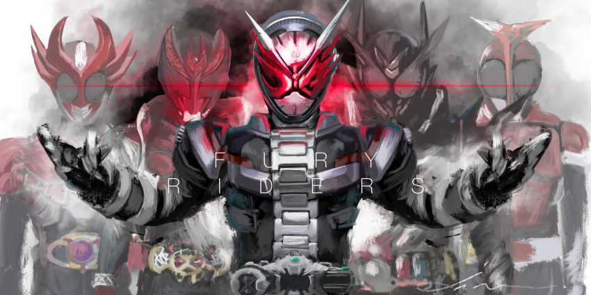 5boys abs absurdres altering_(agito) angry armor artist_name belt black_armor black_bodysuit blue_eyes bodysuit build_driver bursting compound_eyes rider_belt electricity gauntlets hazard_trigger heisei highres horns kamen_rider kamen_rider_agito kamen_rider_agito_(burning_form) kamen_rider_agito_(series) kamen_rider_build kamen_rider_build_(series) kamen_rider_kabuto kamen_rider_kabuto_(series) kamen_rider_kiva kamen_rider_kiva_(series) kamen_rider_zi-o kamen_rider_zi-o_(series) lightning limited_palette looking_at_viewer male_focus multiple_boys pointing pointing_up rabbit+tank_form_(black_hazard) red_eyes red_horns rider_belt science_fiction shoulder_armor simple_background smoke spiked_gauntlets steam steaming_body tokusatsu walking wang_peihao white_background yygnzm ziku_driver