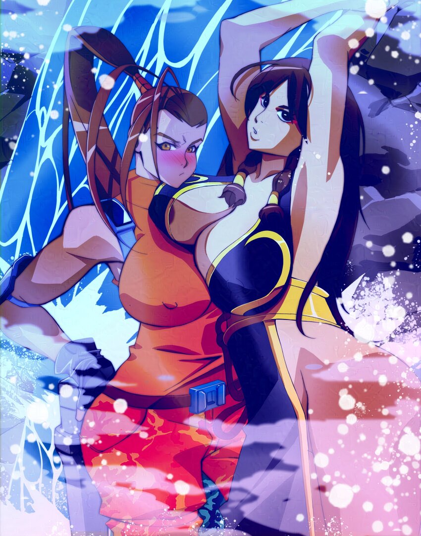 2girls absurdres alien_(series) alien_vs._predator asymmetrical_docking beefy_kunoichi blush breast_press breasts brown_hair capcom chinese_clothes chun-li cleavage dress elbow_pads highres huge_breasts linn_kurosawa long_hair multiple_girls covered_erect_nipples pants ponytail predator_(series) shirt street_fighter thick_thighs thighs turtleneck turtleneck_shirt water waterfall