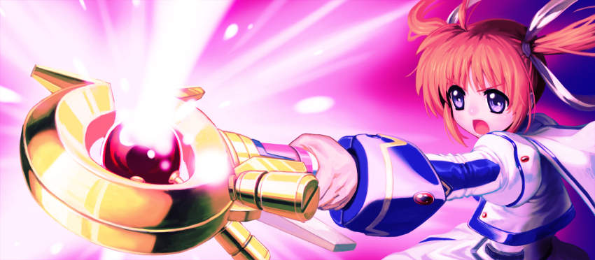 1girl brown_hair chyko female_focus gradient_background hair_ribbon highres lyrical_nanoha magical_girl mahou_shoujo_lyrical_nanoha mahou_shoujo_lyrical_nanoha_a&#039;s mahou_shoujo_lyrical_nanoha_the_movie_2nd_a&#039;s open_mouth purple_eyes raising_heart raising_heart_(device_mode)_(1st) ribbon short_twintails solo takamachi_nanoha takamachi_nanoha_(movie_1st_mode) twintails