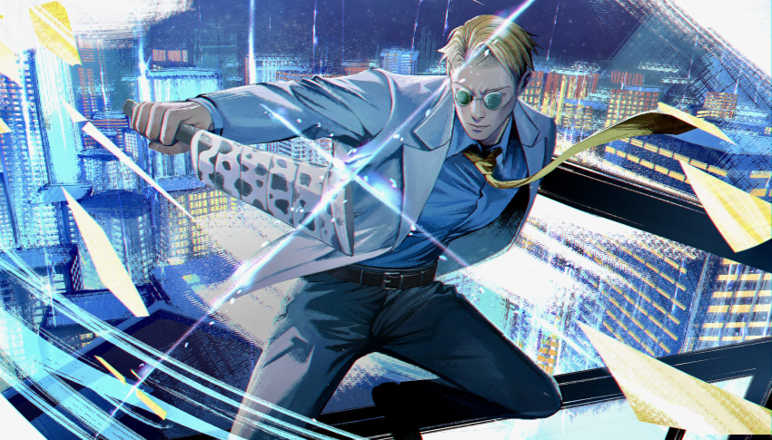 1boy absurdres belt blonde_hair blue_light blue_shirt blue_theme brown_belt building cityscape collared_shirt curtained_hair dress_pants fighting_stance floating_clothes floating_neckwear foot_out_of_frame formal_clothes furrowed_brow glint goggles goggles_on_eyes green-tinted_eyewear highres holding holding_sword holding_weapon itsiitsubox jacket jujutsu_kaisen lapels light_particles male_focus nanami_kento necktie notched_lapels open_clothes open_jacket outstretched_arm pants rooftop serious shirt short_hair skyscraper solo suit suit_jacket sword tinted_eyewear very_short_hair weapon white_jacket white_pants white_suit yellow_necktie
