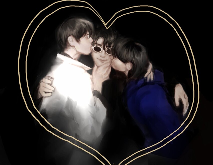 1girl 2boys arm_around_neck black_background black_coat black_hair blue_hoodie border cheek_kiss coat double-parted_bangs double_cheek_kiss drawn_heart grabbing_another&#039;s_chin group_hug hair_between_eyes han_sooyoung hand_on_another&#039;s_chin highres hood hood_down hoodie hug implied_bisexual kim_dokja kiss kissing_cheek macaronijail medium_hair multiple_boys omniscient_reader&#039;s_viewpoint ornate_border polyamory popped_collar short_hair smile sunglasses white_coat yoo_joonghyuk