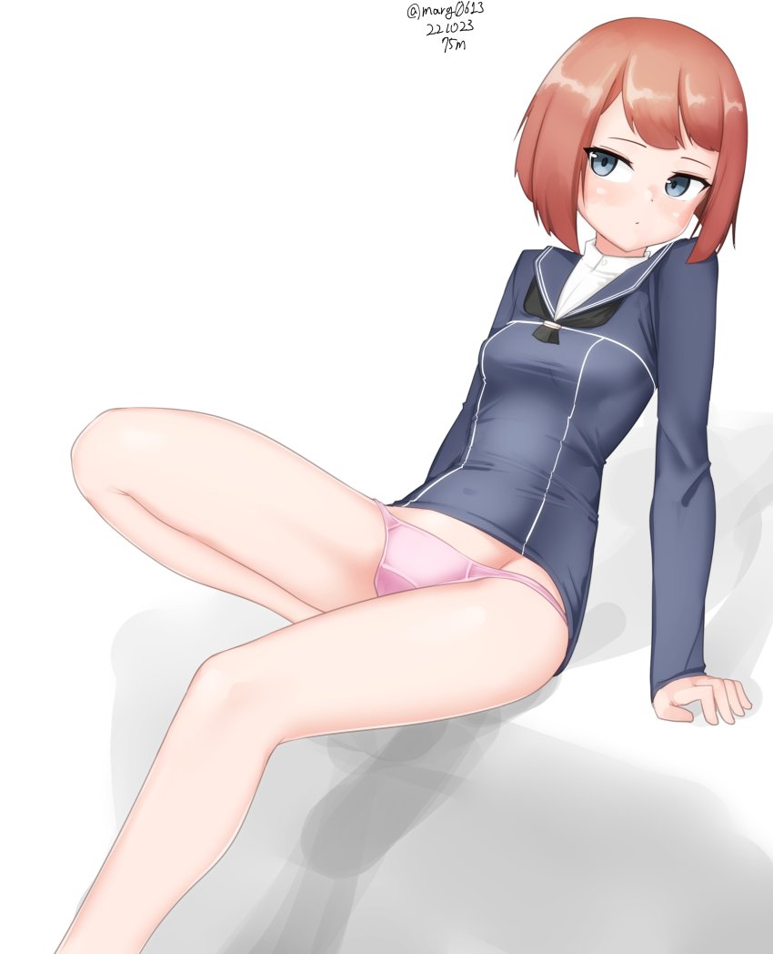 1girl absurdres ark_royal_(kancolle) black_neckerchief blue_eyes blue_sailor_collar blue_shirt blunt_bangs bob_cut breasts cosplay feet_out_of_frame highres inverted_bob kantai_collection maru_(marg0613) medium_breasts neckerchief one-hour_drawing_challenge panties pink_panties red_hair sailor_collar sailor_shirt shirt short_hair simple_background sitting solo undersized_clothes underwear white_background z1_leberecht_maass_(kancolle) z1_leberecht_maass_(kancolle)_(cosplay)