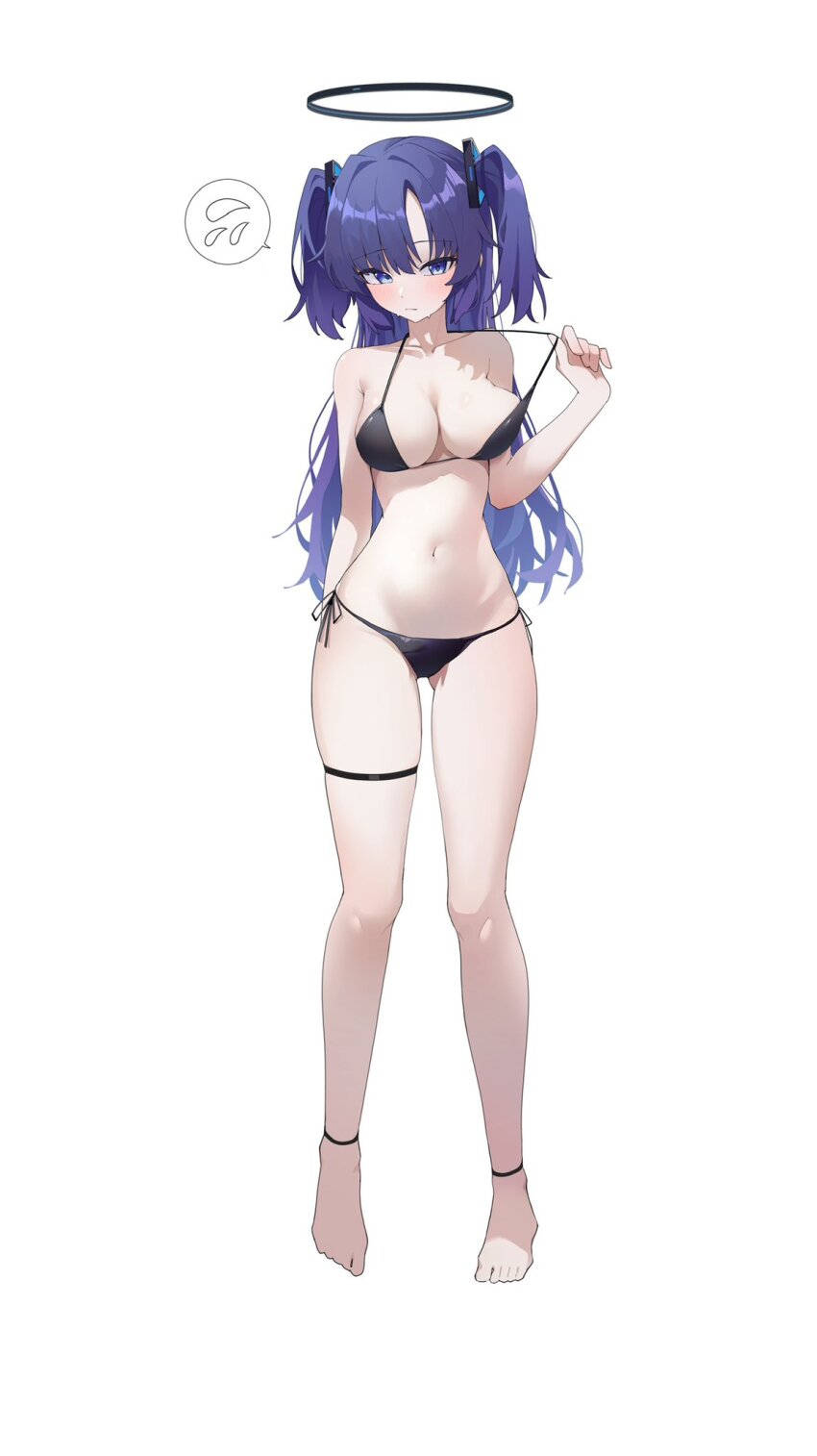 1girl alternate_costume bare_shoulders barefoot bikini bikini_pull black_bikini blue_archive breasts cleavage clothes_pull collarbone feet flying_sweatdrops full_body gluteal_fold halo halterneck highres holding_strap large_breasts long_hair mechanical_halo navel pulling_own_clothes purple_eyes purple_hair side-tie_bikini_bottom simple_background solo stomach sukoyaka_konbu swimsuit thigh_strap thighs toes two_side_up white_background yuuka_(blue_archive)