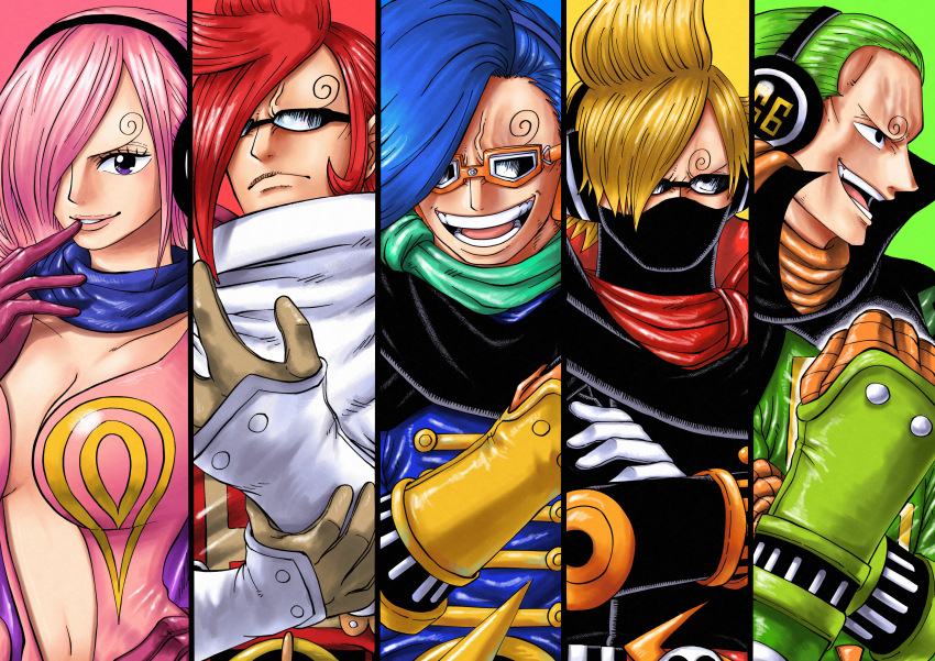 1girl 4boys absurdres blonde_hair blue_background brother_and_sister clenched_hand closed_mouth commentary_request curly_eyebrows gloves green_background green_hair green_scarf hair_over_one_eye headphones highres mask mouth_mask multiple_boys one_eye_covered one_piece open_mouth pink_background pink_hair purple_gloves red_background red_hair red_scarf riku_(rikuw223xx) sanji_(one_piece) scarf short_hair siblings smile sunglasses teeth vinsmoke_ichiji vinsmoke_niji vinsmoke_reiju vinsmoke_yonji white_gloves yellow_background