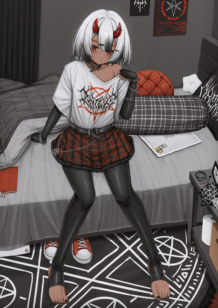 1girl absurdres among_us asus black_collar black_gloves black_leggings blush brand_name_imitation bring_me_the_horizon carpet collar commission crewmate_(among_us) curtains demon_horns earphones elbow_gloves fingerless_gloves gloves goth_fashion hair_ornament highres horns indie_virtual_youtuber indoors itemlabel jewelry leggings lobsteranian looking_at_viewer on_bed pentagram pillow plaid_clothes plaid_skirt pleated_skirt poster_(object) punk shirt short_hair skirt solo sucklet toilet_paper virtual_youtuber white_shirt zoiteki