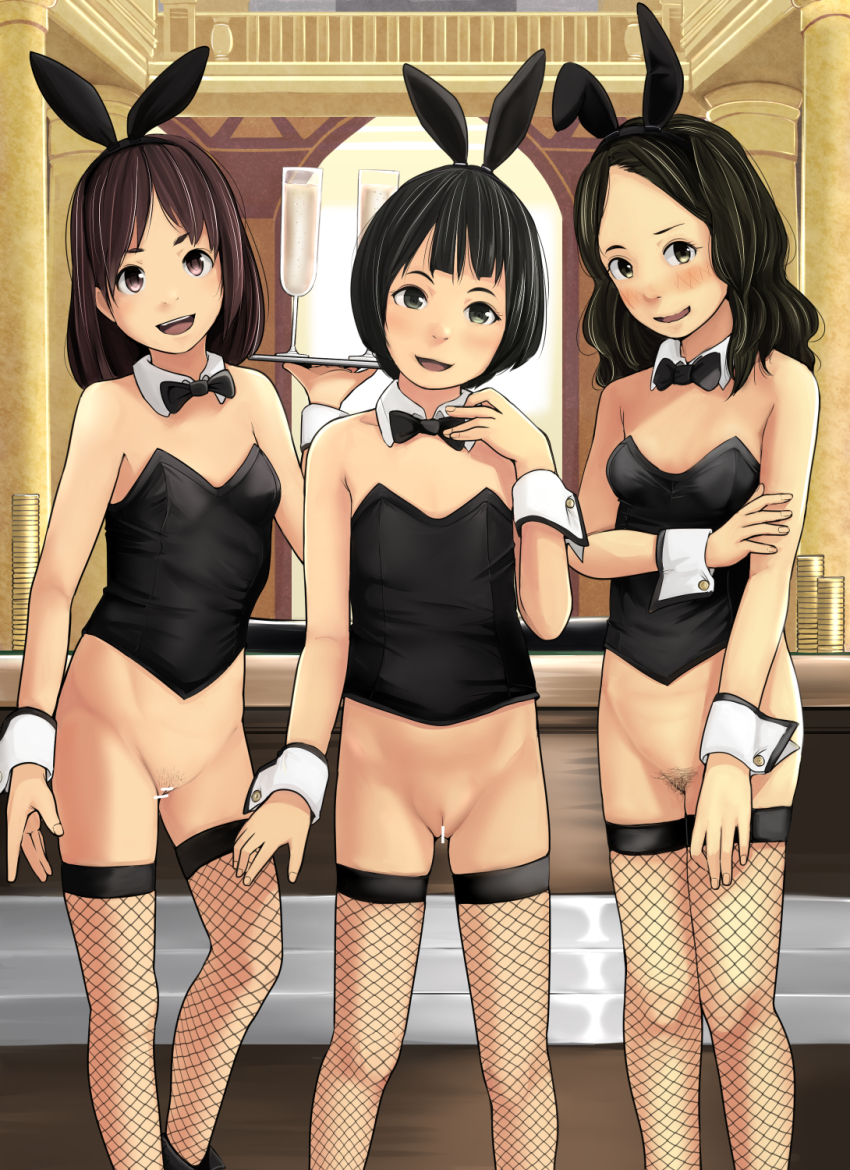 3girls animal_ears bar_censor black_eyes black_hair bottomless bow bowtie breasts brown_hair censored champagne_flute cleft_of_venus cuff_links cup detached_collar drinking_glass fake_animal_ears female_pubic_hair fishnet_legwear fishnets flat_chest has_bad_revision has_uncensored_version head_tilt highres indoors loli long_hair looking_at_viewer multiple_girls open_mouth original parted_bangs playboy_bunny pubic_hair pussy rabbit_ears rensyu short_hair small_breasts sparse_pubic_hair standing thighhighs