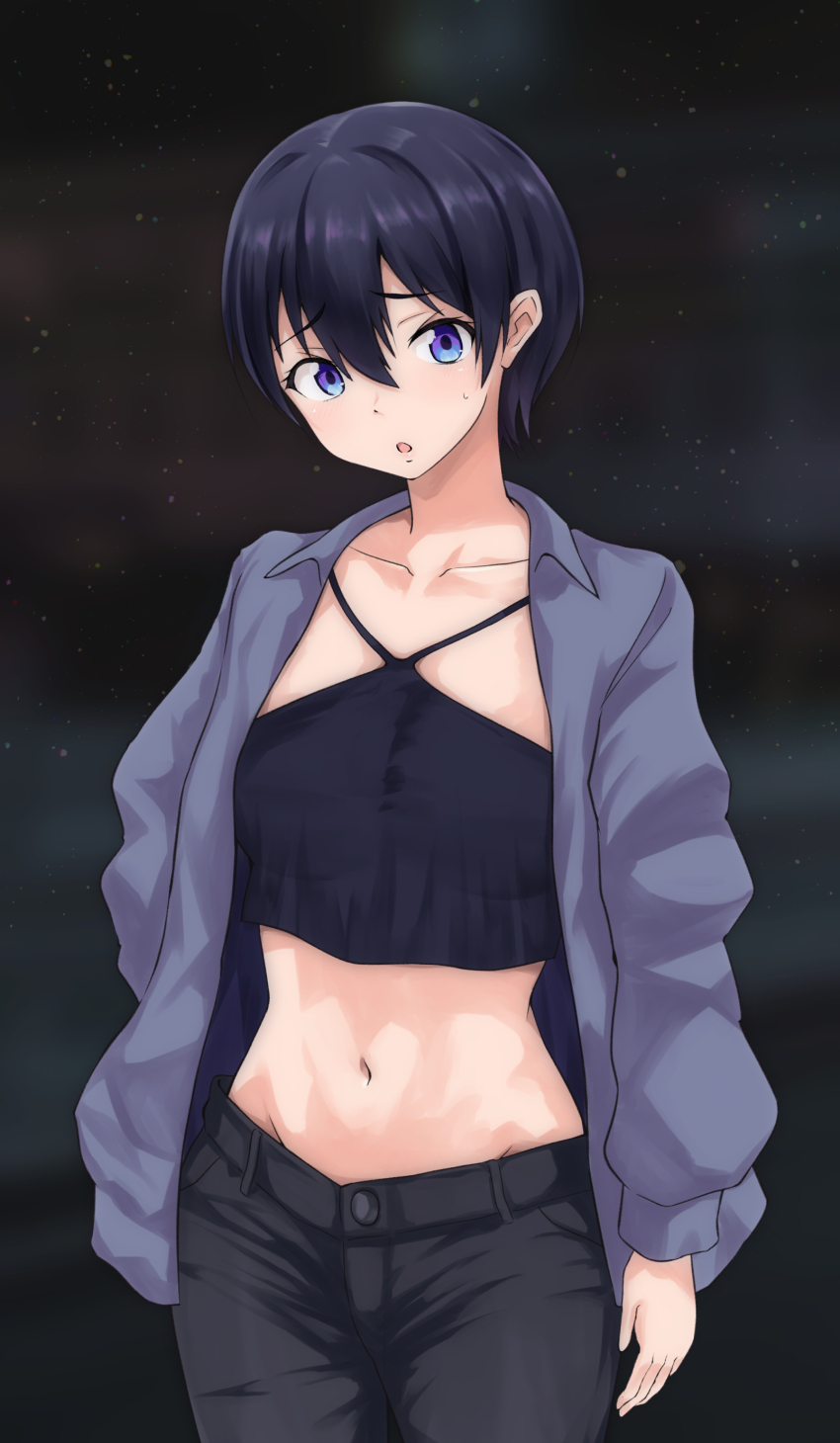 absurdres black_hair blue_eyes blue_skirt criss-cross_halter eternal_polaris halter_shirt halterneck highres masegohan nervous open_clothes open_shirt raised_inner_eyebrows short_hair shutokou_battle shutokou_battle_(2025) skirt