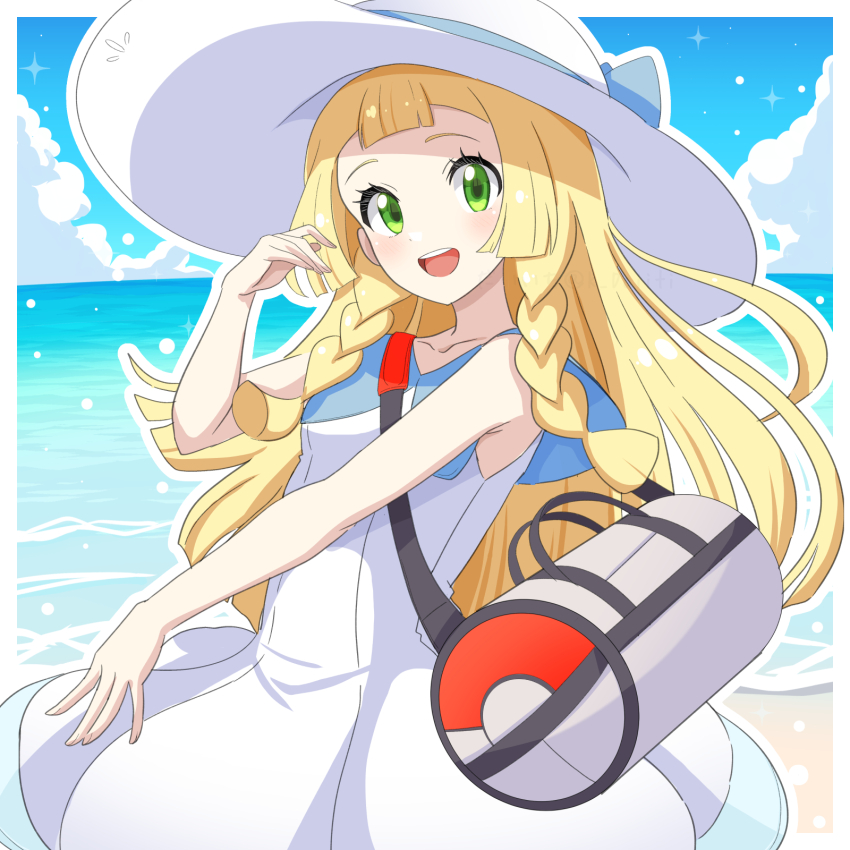 1girl :d bag blonde_hair cloud collared_dress commentary daiichi_(1279220) day dress duffel_bag eyelashes green_eyes hand_up happy hat highres lillie_(pokemon) long_hair nintendo open_mouth outdoors outline poke_ball_print pokemon pokemon_sm shore sky sleeveless sleeveless_dress smile solo sun_hat teeth tongue upper_teeth_only water white_dress white_hat