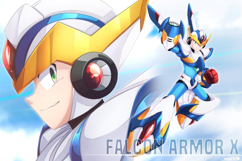 1boy android arm_cannon armor axasempai character_name falcon_armor_x_(mega_man) forehead_jewel full_body green_eyes helmet male_focus mechanical_wings mega_man_(series) mega_man_x_(series) multiple_views weapon white_armor white_helmet wings x_(mega_man) arm_cannon
