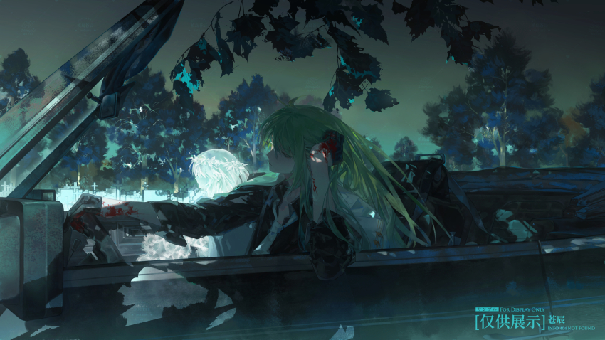 1other black_gloves black_shirt blood blood_on_arm cangchen car character_request check_character convertible driving elbow_rest enkidu_(fate) fate/grand_order fate_(series) ghost gloves grave graveyard head_rest highres jacket motor_vehicle necktie night rear-view_mirror shirt steering_wheel tombstone tree watermark white_jacket white_necktie windshield