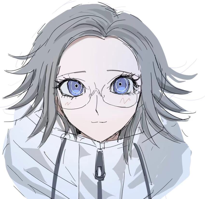 1boy aotsuki_eito blue_eyes blush closed_mouth glasses grey_hair looking_at_viewer male_focus parted_hair simple_background smile solo solo_focus the_hundred_line_-last_defense_academy- upper_body white_background zipper zipper_pull_tab