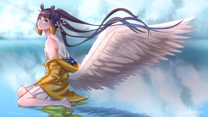 absurdres barefoot cloud feathered_wings high_ponytail highres hololive hololive_english jacket l_yth ninomae_ina&#039;nis ponytail ribbon skirt violet_(ninomae_ina&#039;nis) virtual_youtuber water white_ribbon white_skirt white_wings wind wings yellow_jacket