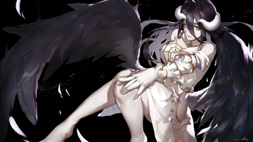 1girl albedo_(overlord) alov black_hair breasts cleavage demon_girl demon_horns dress gold_necklace highres horns jewelry large_breasts long_hair necklace overlord_(maruyama) solo