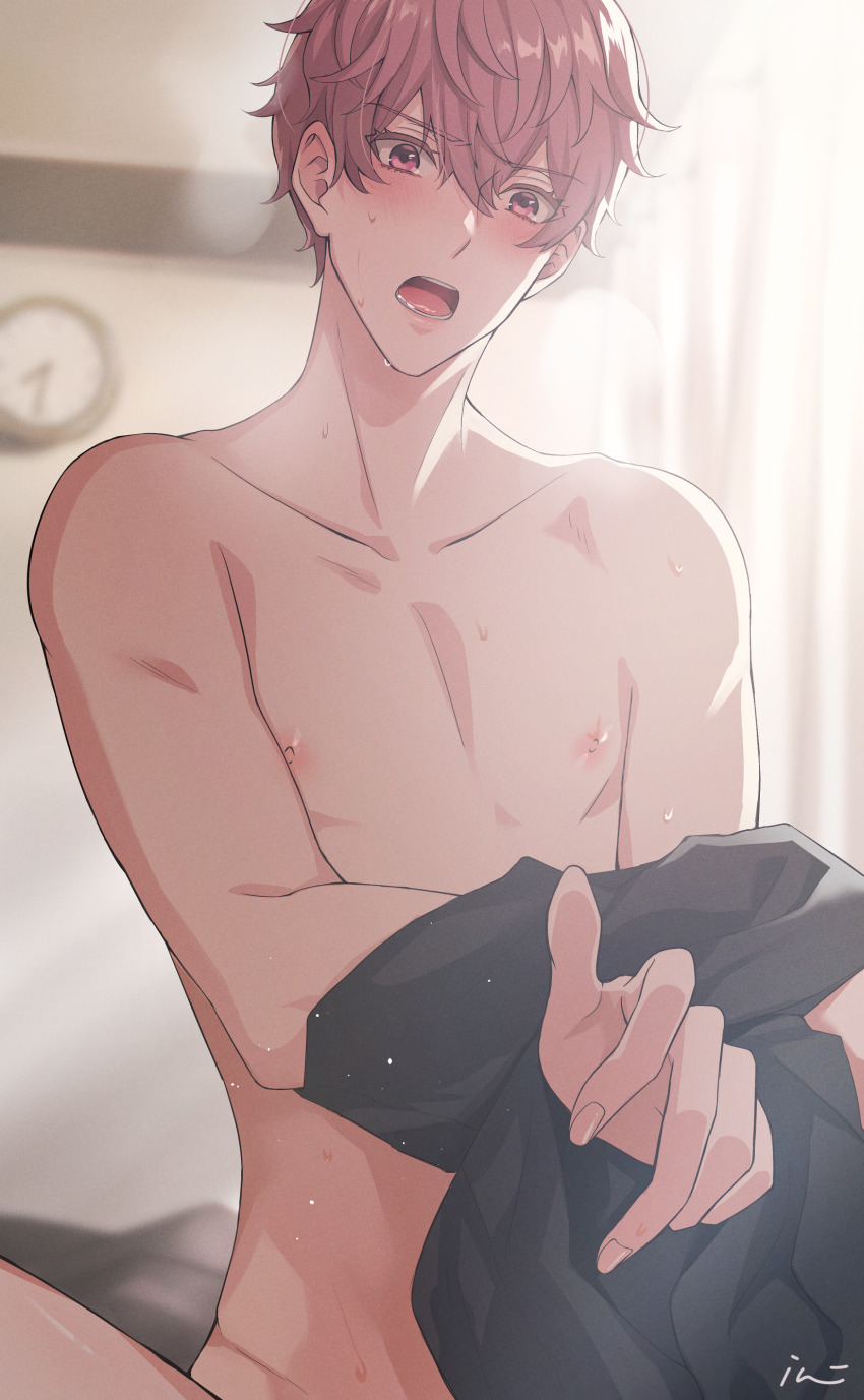 1boy 1girl absurdres black_shirt blurry blurry_background blush clock commentary_request female_pov hair_between_eyes highres imari068 looking_at_viewer male_focus nipples open_mouth original pink_hair pov red_eyes shirt spread_legs sweat topless_male undressing