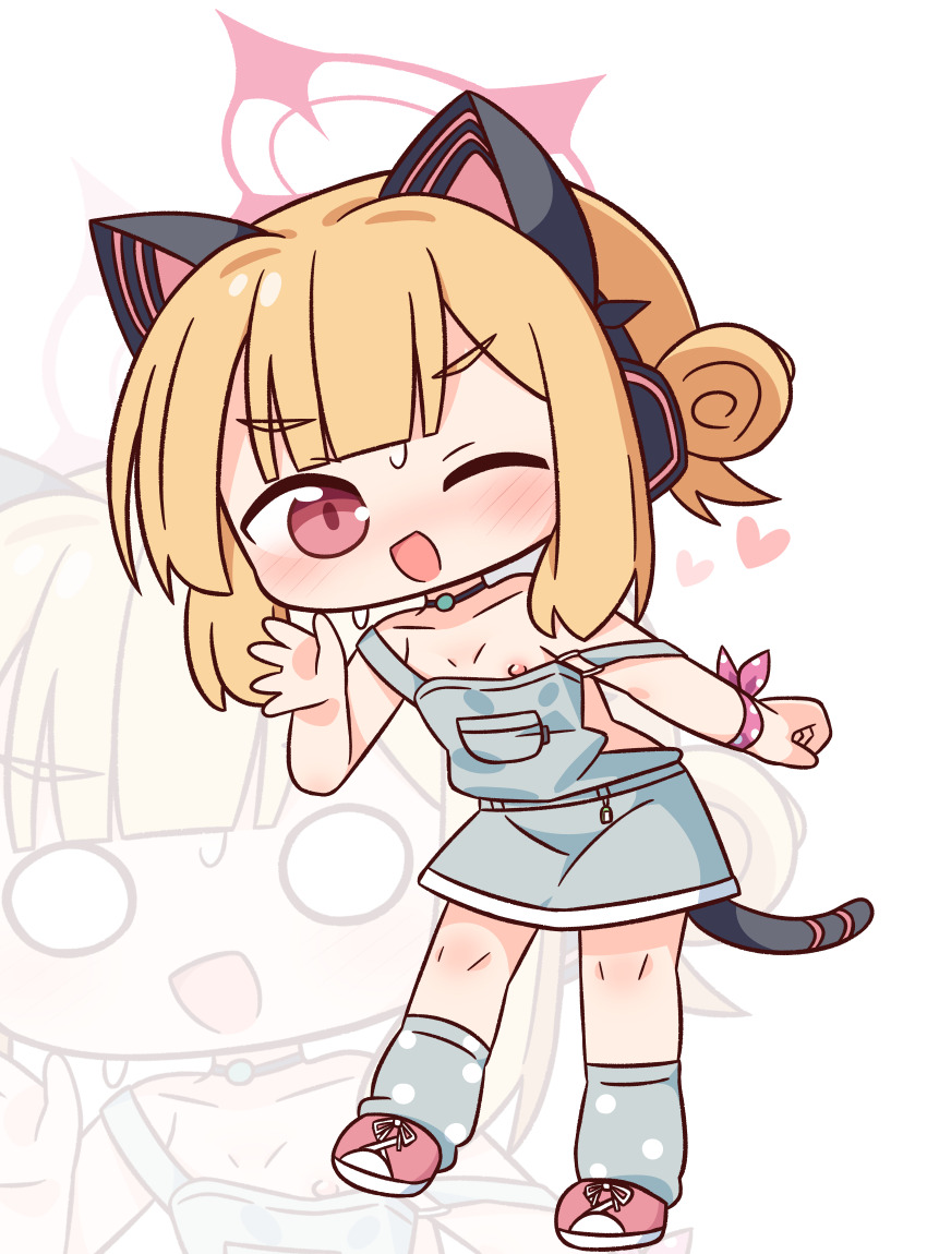 1girl :d ;d animal_ear_headphones animal_ears bare_shoulders blonde_hair blue_archive blush breasts chibi collarbone fake_animal_ears grey_socks hair_bun halo hana_kazari hand_up headphones heart highres loli looking_at_viewer momoi_(blue_archive) multiple_views nipples o_o one_eye_closed open_mouth overall_skirt pink_eyes pink_shoes polka_dot_socks shoes simple_background single_side_bun small_breasts smile socks strap_slip sweat tail white_background zoom_layer