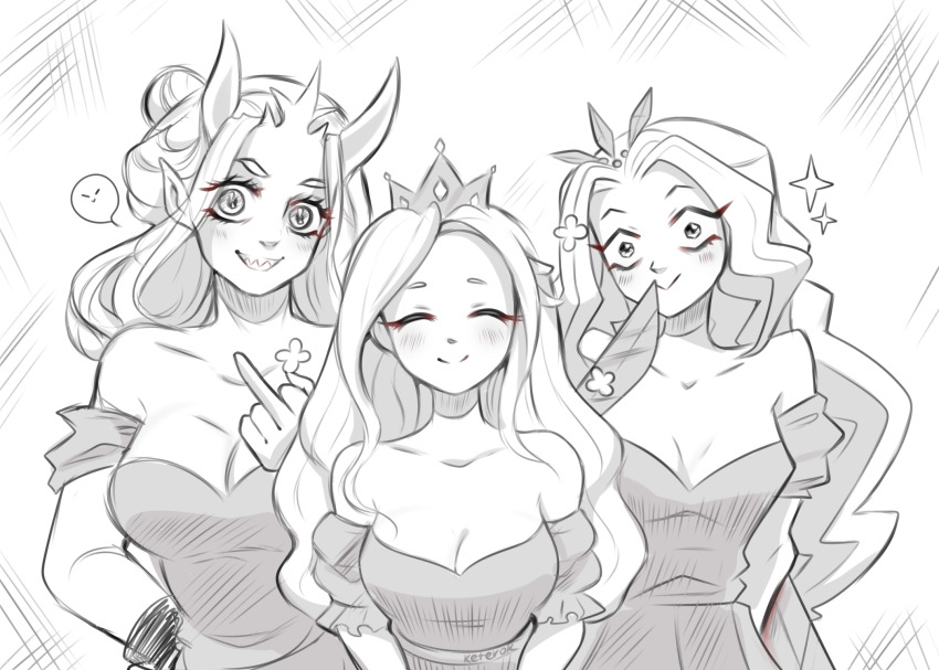 3girls :&gt; bare_shoulders breasts cleavage closed_eyes crown cuffs demon_girl demon_horns dress greyscale highres horns keterok large_breasts light_blush long_hair looking_at_viewer middle_finger mini_crown monochrome multiple_girls multiple_persona pointy_ears princess_(slay_the_princess) shackles sharp_teeth slay_the_princess smile strapless strapless_dress teeth the_adversary_(slay_the_princess) the_damsel_(slay_the_princess) the_razor_(slay_the_princess) tiara wavy_hair