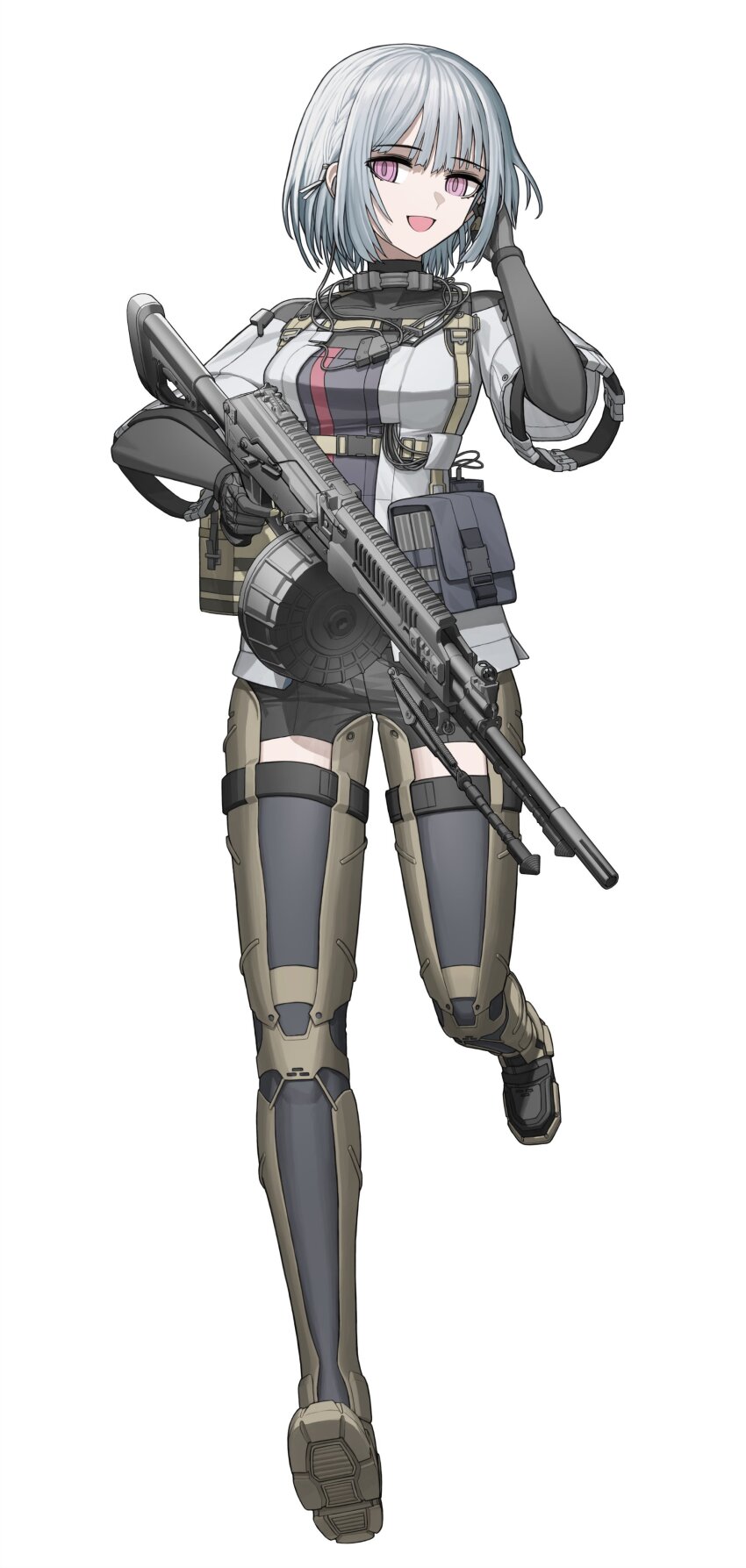 1girl absurdres ammunition_pouch black_shorts cheogtanbyeong commentary_request drum_magazine full_body girls&#039;_frontline gun highres holding holding_gun holding_weapon jacket korean_commentary light_machine_gun machine_gun magazine_(weapon) open_mouth pouch purple_eyes rpk-16 rpk-16_(girls&#039;_frontline) short-sleeved_jacket short_hair short_sleeves shorts simple_background solo weapon white_background white_hair